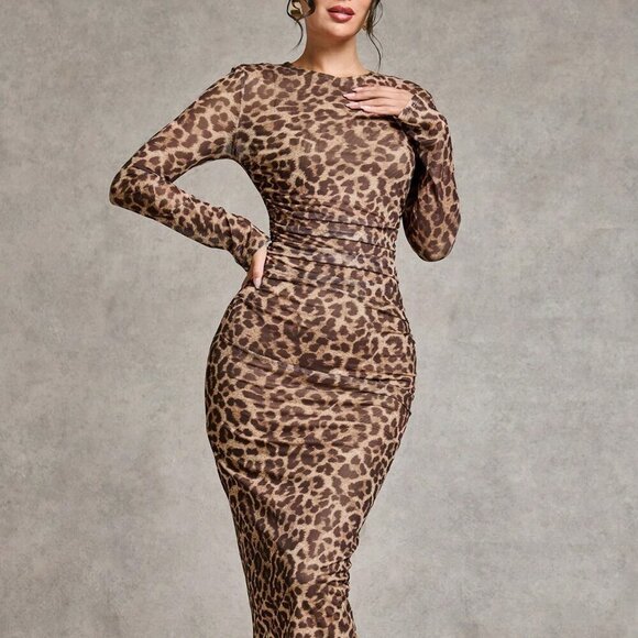 Multicolor Elegant Women's Leopard Print Side Pleated Long Sleeve Dress - Picture 7 of 7